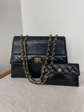 Authentic CHANEL Black Quilted Leather Shoulder Bag with Wallet Set